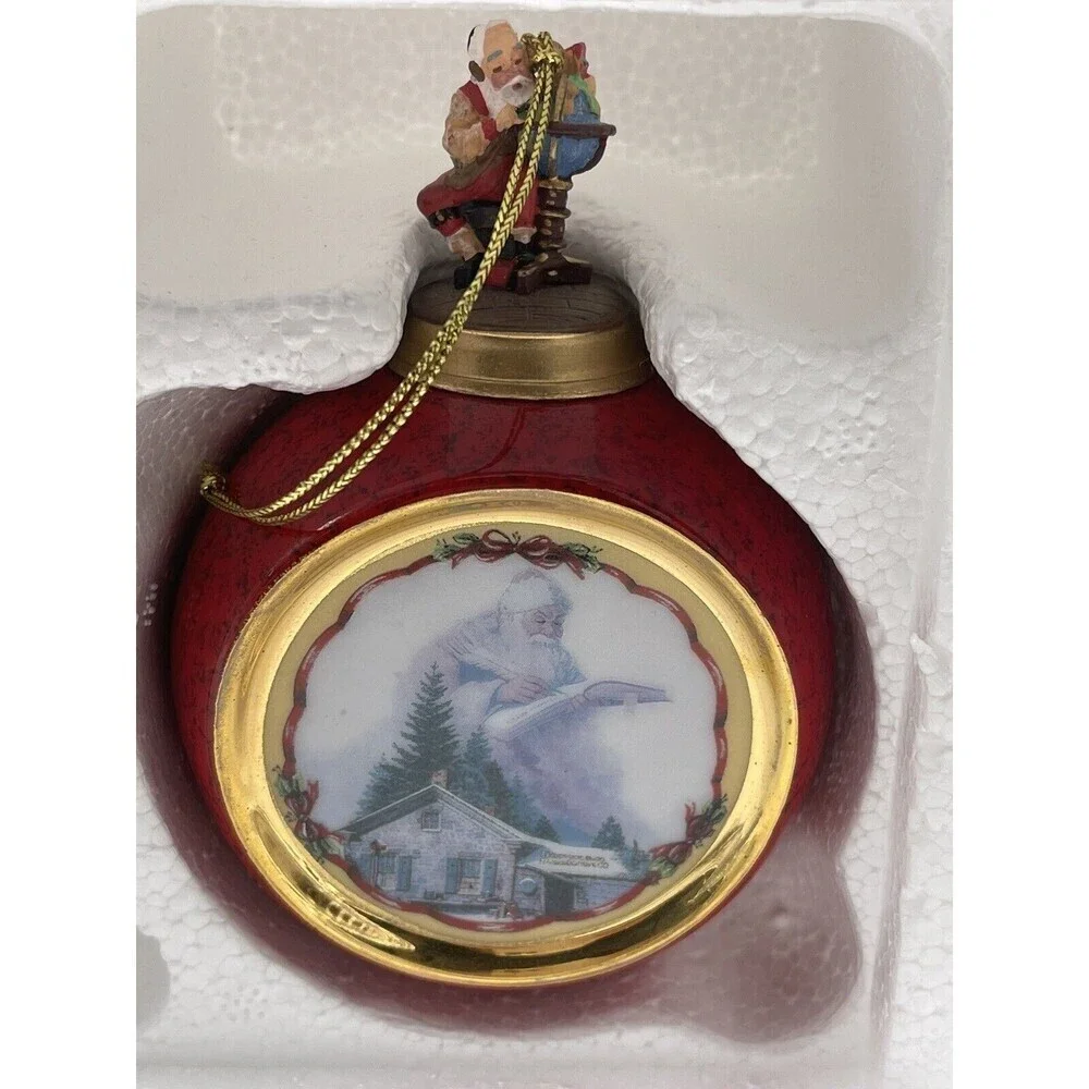 2 Norman Rockwell Santa Consulting Globe/ Santa’s Christmas List  Ornaments 1998